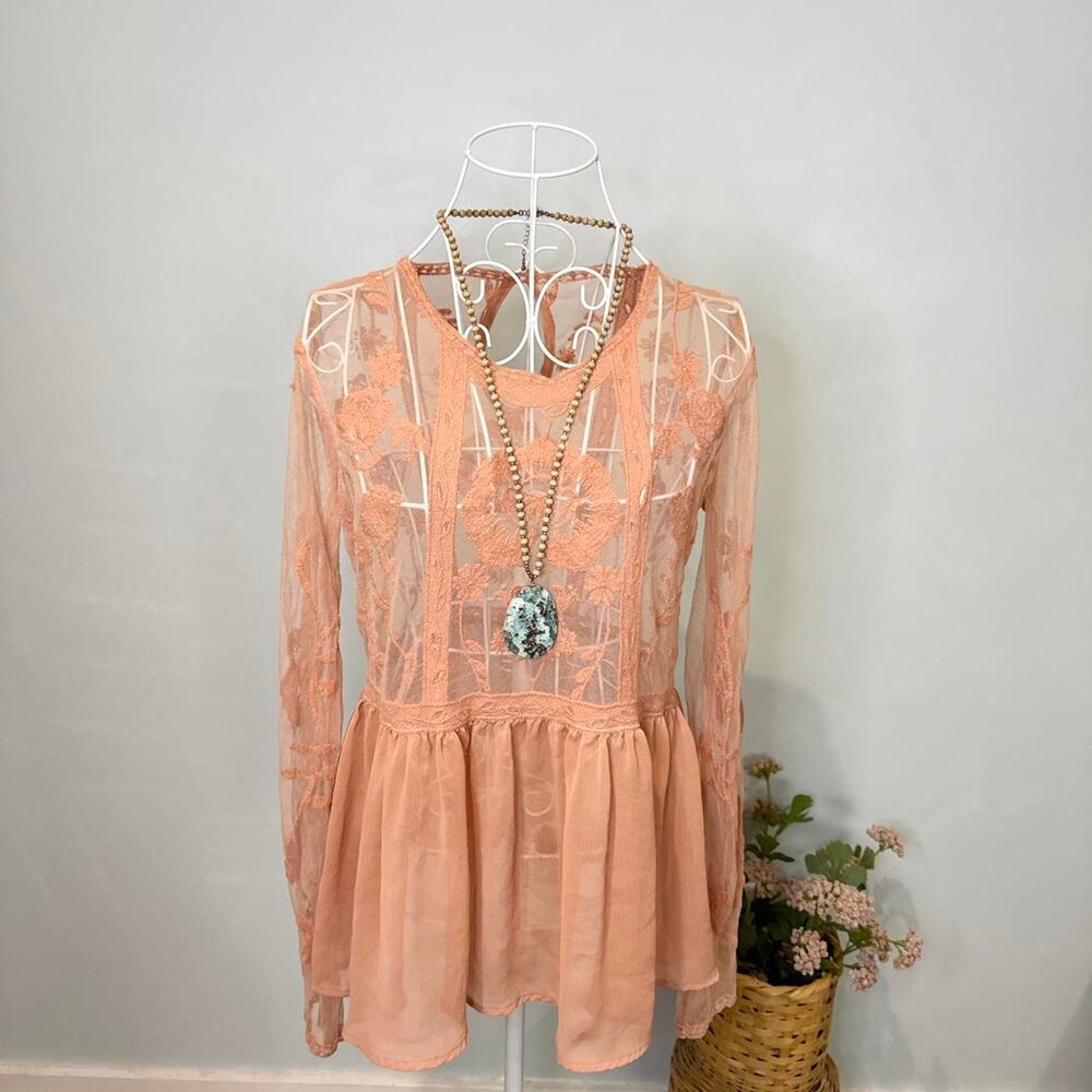 Gorgeous sheer melon orange/rust embroidered  floral babydoll peasant blouse